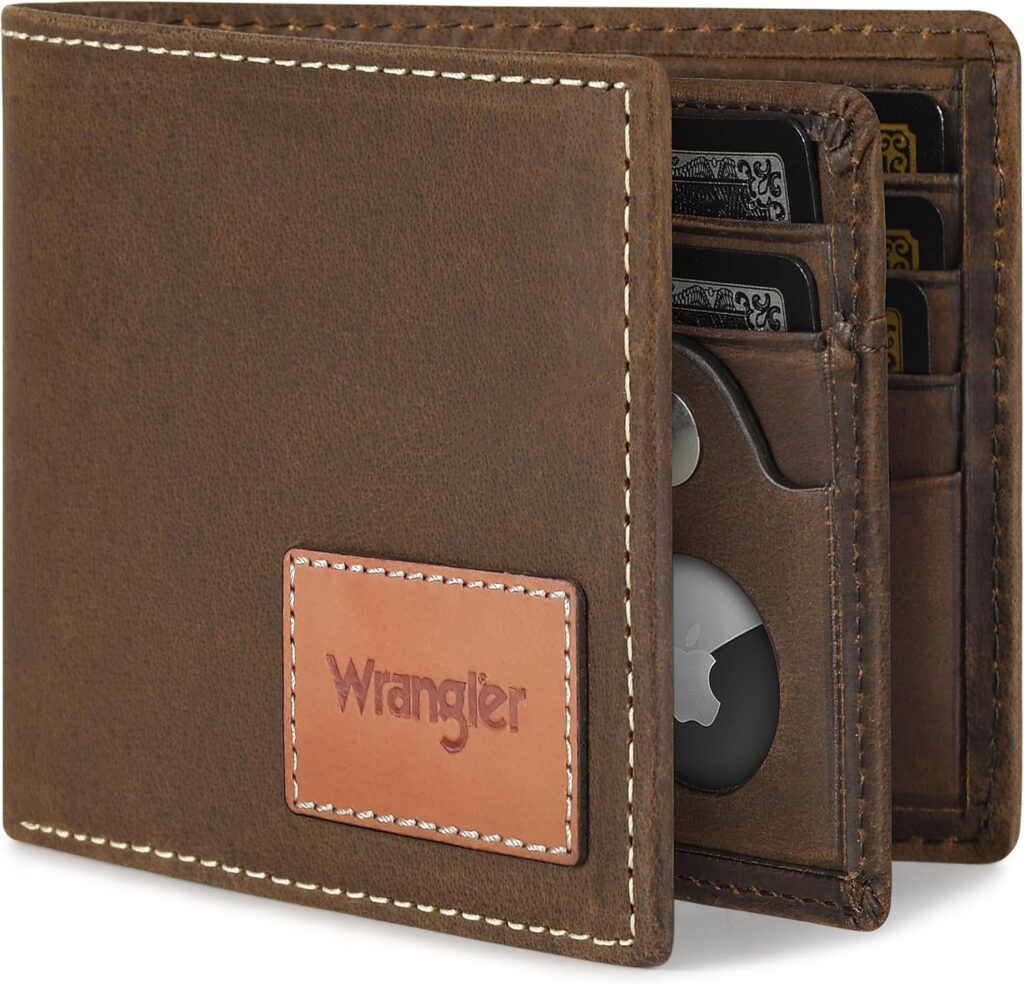Wrangler Men’s Wallet with AirTag Holder, Genuine Leather, RFID Blocking, Bifold, Casual 10-20 Cards Purse, Gift for Him