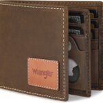 Wrangler Men’s Wallet with AirTag Holder, Genuine Leather, RFID Blocking, Bifold, Casual 10-20 Cards Purse, Gift for Him