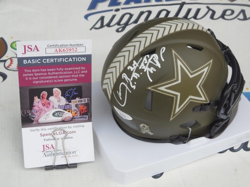 Larry Brown signed Dallas Salute Service mini helmet with Super Bowl XXX MVP Cowboys JSA COA