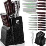 FULLHI 14pcs Block Knife Set, Chef’s Knife Steak Knives Set with Block and Sharpener, Kitchen Knife Set, Multi-colour Handle, Gifts for Men Women