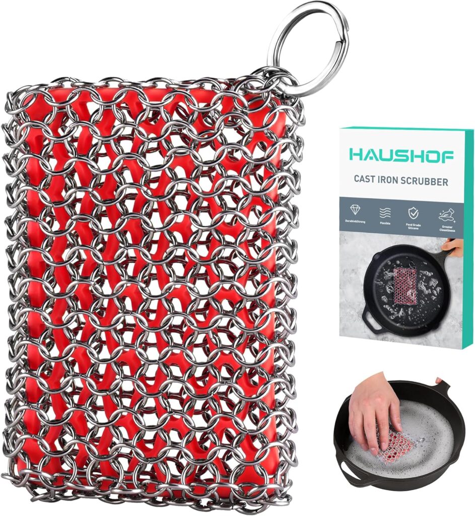 HAUSHOF Cast Iron Scrubber, Chainmail Scrubber with Silicone Core, Premium Chainmail Scrubber Sponge for Skillet, Pan, Dutch Oven