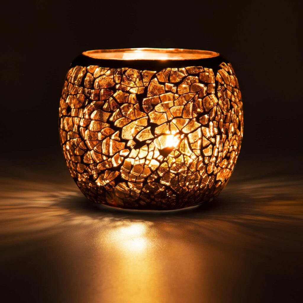 Scented Candle Holder Mosaic Glass Tea Light Holder,Handmade Romantic Glass Tealight Candle Holder for Aromatherapy,Party Décor(NO Candles),Also Used as Vase,Pen Holder,Potted Plants Bowl (Amber)