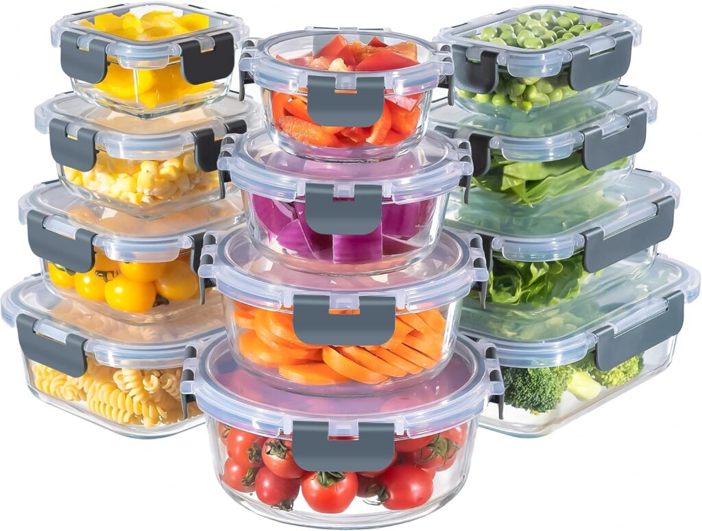 MFY 12-Pack Glass Storage Containers with Lids, Glass Meal Prep Containers Set, Airtight Lunch Containers with Lids, Microwave, Oven, Freezer and Dishwasher Safe, Gray