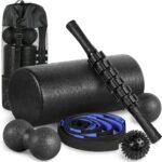 6-Piece Foam Roller Massage Set – Deep Tissue Muscle Recovery Kit with Massage Stick, Massage Balls & Stretch Strap – Includes Carry Bag – Black/Blue