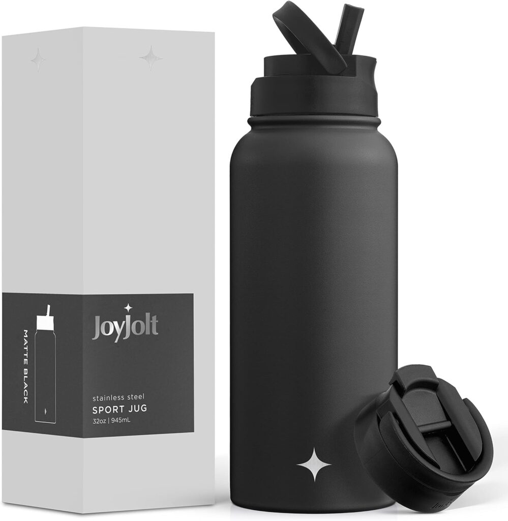 JoyJolt Triple Insulated Water Bottle with Straw Lid AND Flip Lid! 32oz Large Water Bottle, 12 Hour Hot/Cold Vacuum Insulated Stainless Steel Bottle. BPA-Free Leakproof Water Bottles – Thermos Bottle
