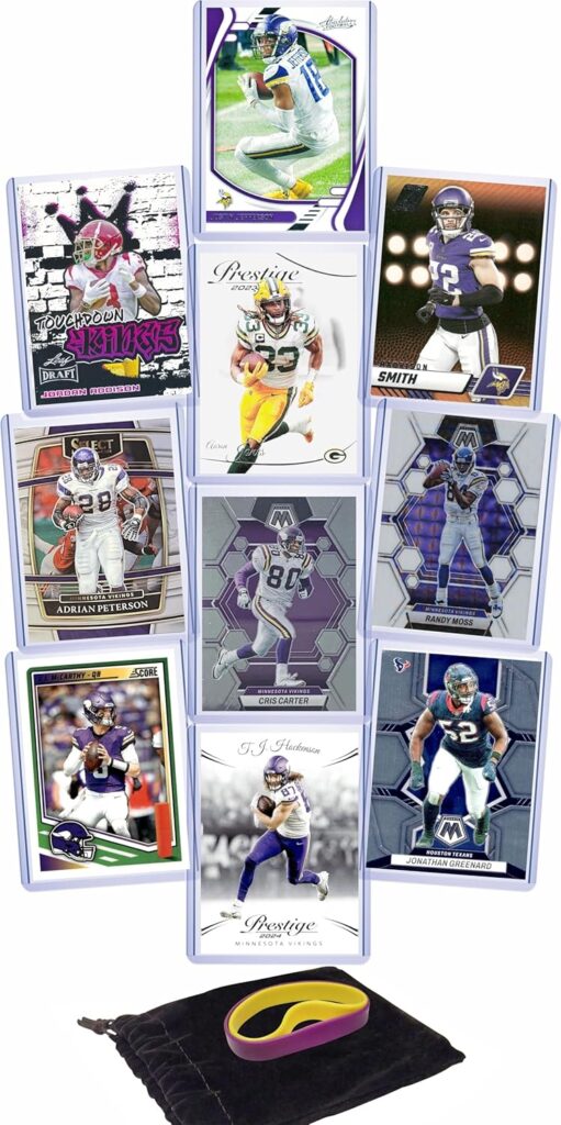 Minnesota Vikings Cards: J.J. McCarthy, Jordan Addison, Justin Jefferson, Harrison Smith, Aaron Jones, T.J. Hockenson, Adrian Peterson, Cris Carter, Randy Moss, and Jonathan Greenard ASSORTED Football Stars & GOATs Trading Card & Wristbands Gift Pack