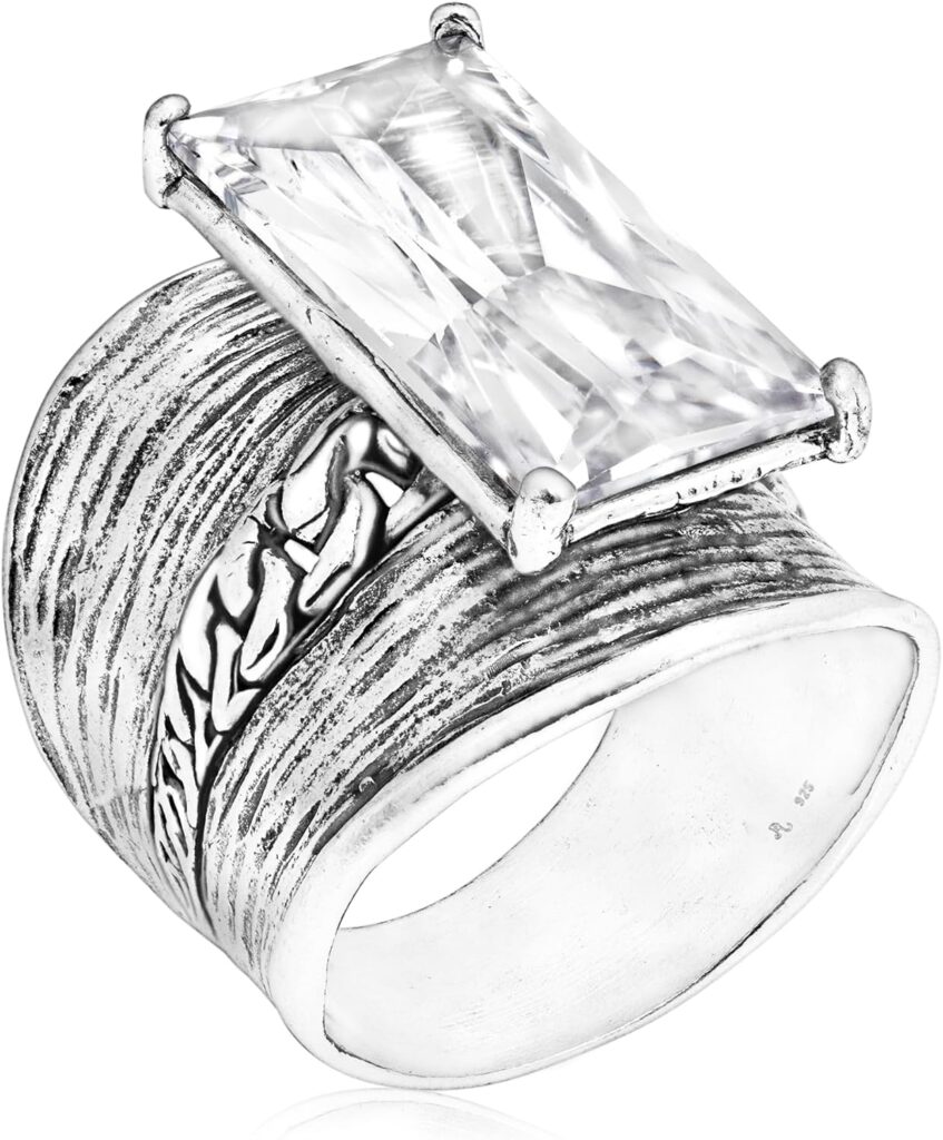 JEAN RACHEL JEWELRY 925 Sterling Silver Ring – Chain Shield with Baguette Cubic Zirconia Vintage Design – Hypoallergenic, Lead & Nickel Free – Artisan Handcrafted Statement Rings for Women