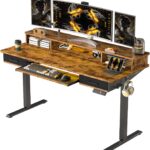55×24 Inches Electric Standing Desk with Keyboard Tray, Height Adjustable Stand up Desk with 2 Drawers, Ergonomic Sit to Stand Desk with Storage Monitor Stand, Computer Table, Rustic Brown