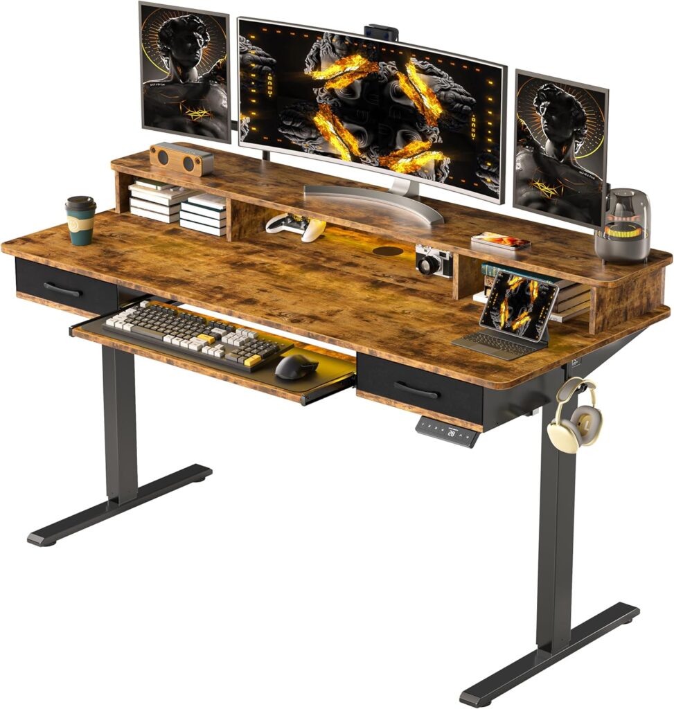 55×24 Inches Electric Standing Desk with Keyboard Tray, Height Adjustable Stand up Desk with 2 Drawers, Ergonomic Sit to Stand Desk with Storage Monitor Stand, Computer Table, Rustic Brown