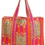 Cotton Tiger Block Print Tote Bag, Handmade Indian Shopping Shoulder Bag, Unisex Market Daily Use