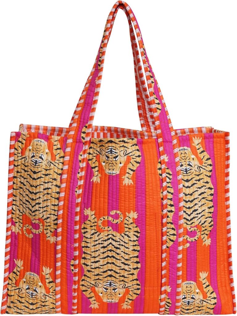 Cotton Tiger Block Print Tote Bag, Handmade Indian Shopping Shoulder Bag, Unisex Market Daily Use