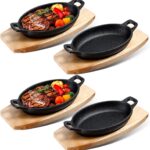 Mifoci 4 Pcs Cast Iron Skillet with Wooden Base Mini Cast Iron Fajita Plates Baker’s Skillet Matte Black Small Pan for Kitchen Restaurant Barbecue Dinner (8.5 x 6.1 x 1.7 Inches)