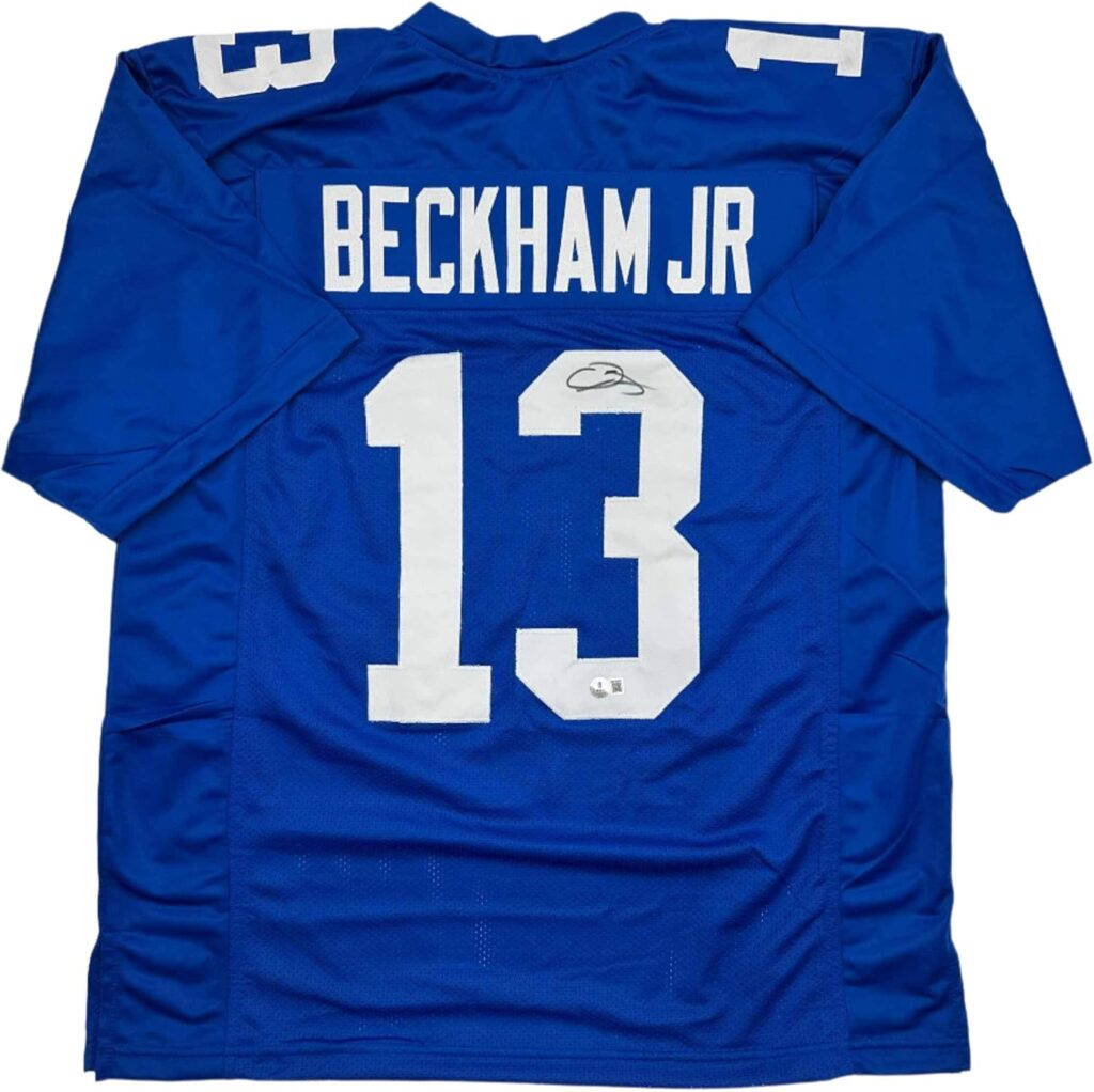 Autographed/Signed Odell Beckham Jr. New York Blue Football Jersey JSA COA