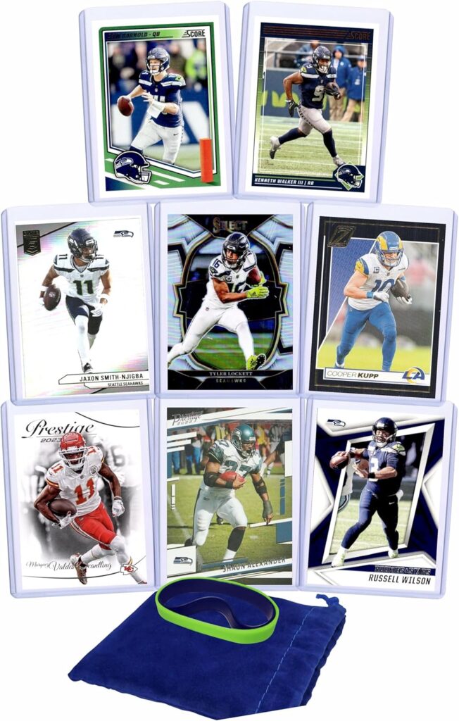 Seattle Seahawks Cards: Sam Darnold, Kenneth Walker III, Jaxon Smith-Njigba, Tyler Lockett, Cooper Kupp, Marquez Valdes-Scantling, Shaun Alexander, and Russell Wilson ASSORTED Football Stars & GOATs Trading Card & Wristbands Gift Pack