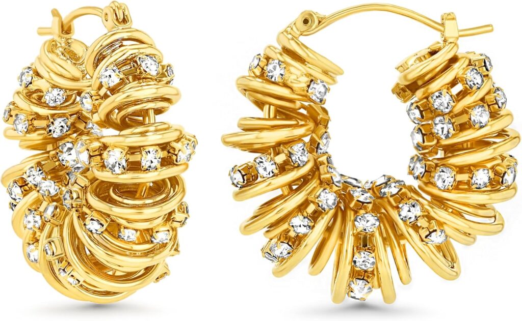18K Gold Plated Chunky Curve Twisted Open Hoop Statement Stud Earrings with CZ for Women by SNGIA, Large Handmade Spiral Texture Braided Formal Trendy Hoop Jewelry Gifts, Big Circle Geometric Shell Beachy Vacation Fashion Hanging Earrings Accessories, Vintage Retro Thick Bohemian Nickle Free Circular Sun Dangle Earrings.