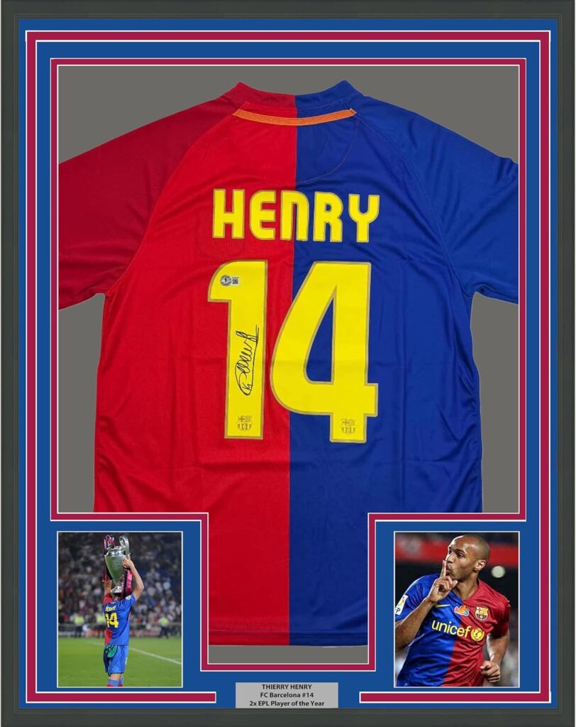 Framed Autographed/Signed Thierry Henry 35×39 FC Barcelona Blue Soccer Jersey Beckett BAS COA