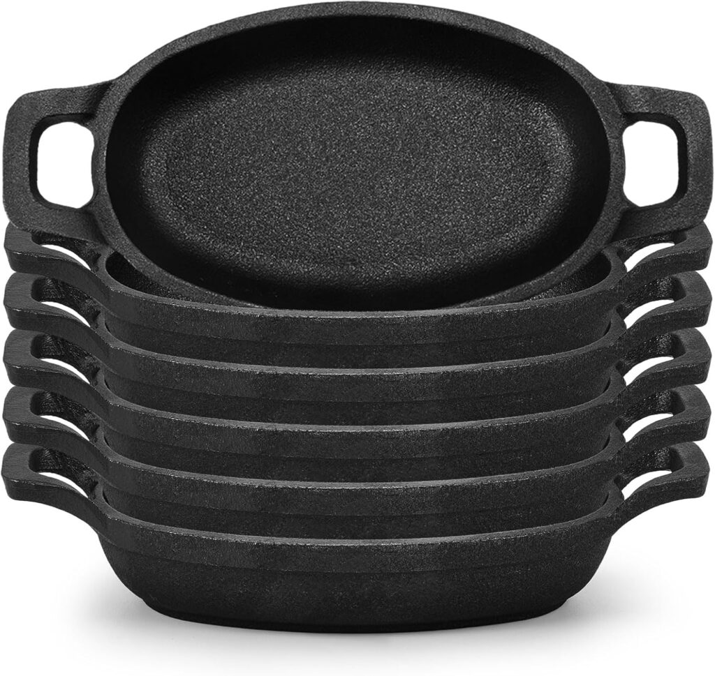 Uiifan 6 Pieces Mini Cast Iron Skillet 6 x 3.8” Small Oval Skillets Cast Iron Cookware Set 8 oz Single Serve Dish Pans Mini Casserole Dish for Baking Roasting Cooking Grilling Ramekins