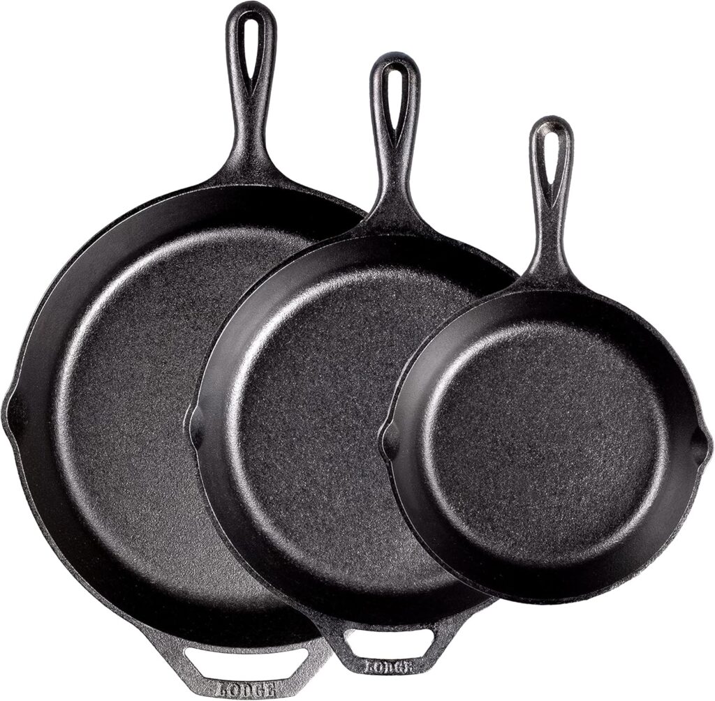 Lodge Pre-Seasoned Cast Iron Skillet Set – Set Includes 8 Inch Skillet, 10.25 Inch Skillet, and 12 inch Skillet – 3 Piece