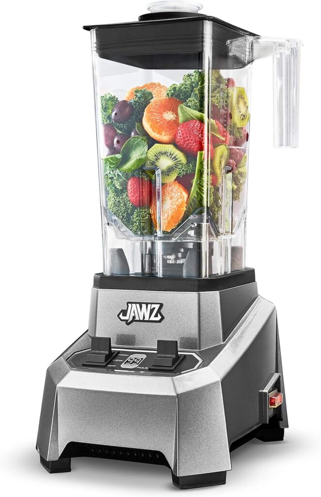 JAWZ High Performance Blender, 64 Oz Professional Grade Countertop Blender, Food Processor, Juicer, Smoothie or Nut Butter Maker, Simple 2 Speed Toggle Switch w Pulse, Stainless Steel Blades, Silver