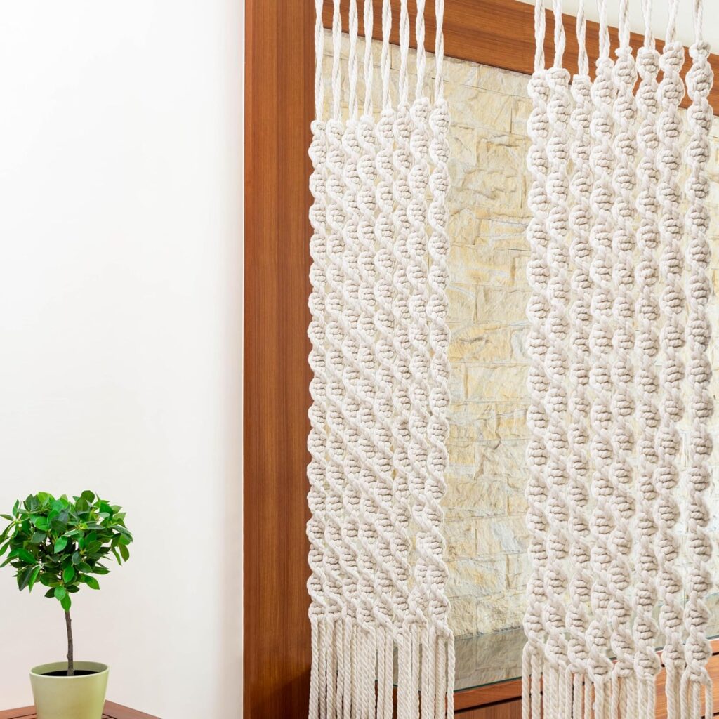 Handcrafted Macrame Wall Hanging – Bohemian Doorway Beads Alternative – Premium Door Curtain – 16pc Thick 8mm (5/16″) Rope Spiral – Cream Boho Bead Curtain for Doorway (78.7″)