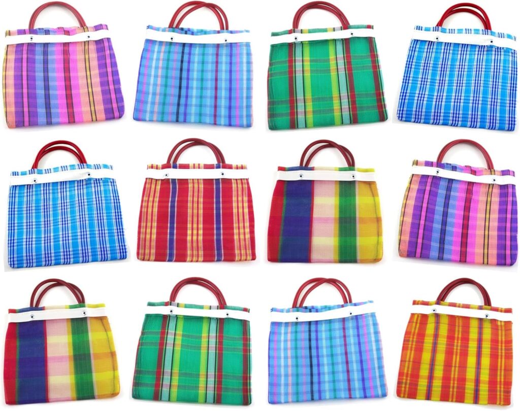 12 Pcs Small Mexican Tote Mercado Bags 7.5 inch by 7.5 inch, Assorted Colors High Thread Mesh – Mini Mexican Mercado Candy Bags