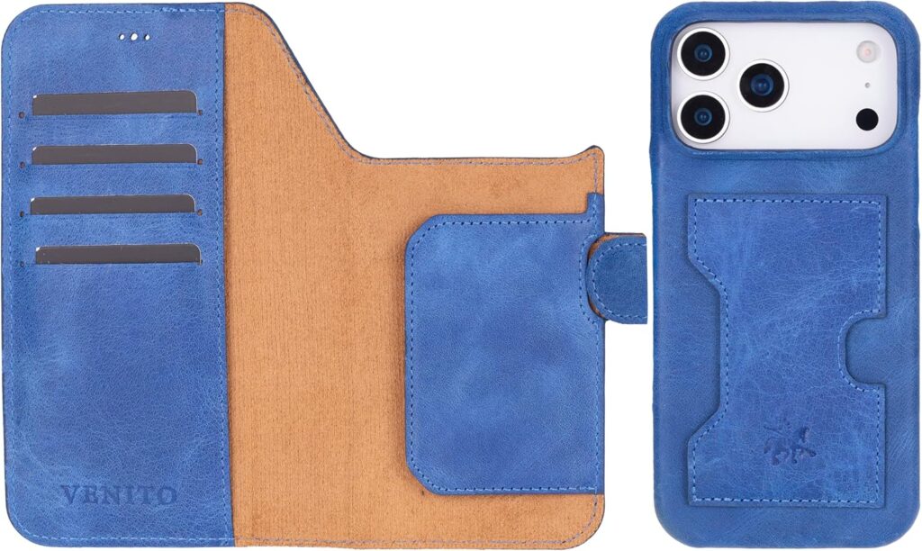 Venito Florence Wallet Case for iPhone 17 Pro Max (6.9″), Handcrafted Full Grain Leather, Luxury Slim Design, Detachable Non-Magnetic Flip Cover, Drop/Impact Resistant, Dark Blue