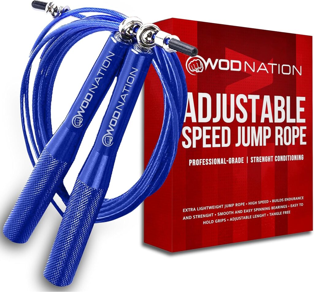 WOD Nation Adjustable Jump Rope – Blue, 10 ft Adjustable Length – High-Speed Cable Skipping Rope with Smooth 360° Rotation – Aluminum Grip Handles for Boxing & HIIT Fitness