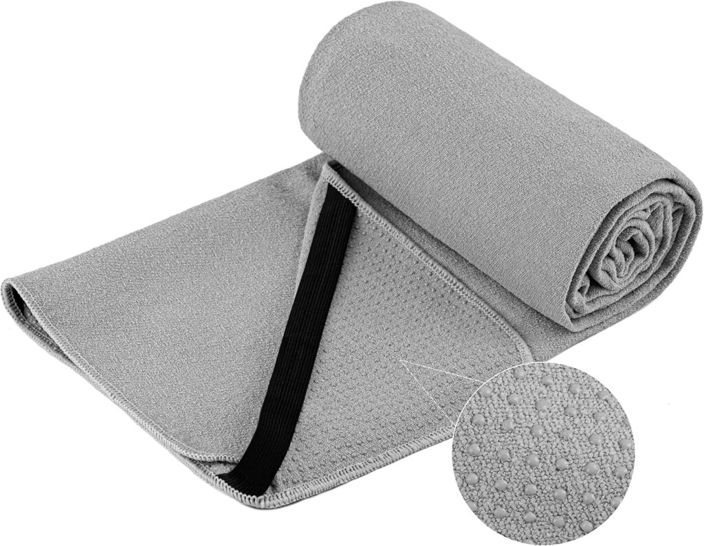 Microfiber Hot Yoga Towel Mat, 24 x 72 inches, with Non-Slip Silicone Grip, Secure Fit Elastic Straps (Gray)