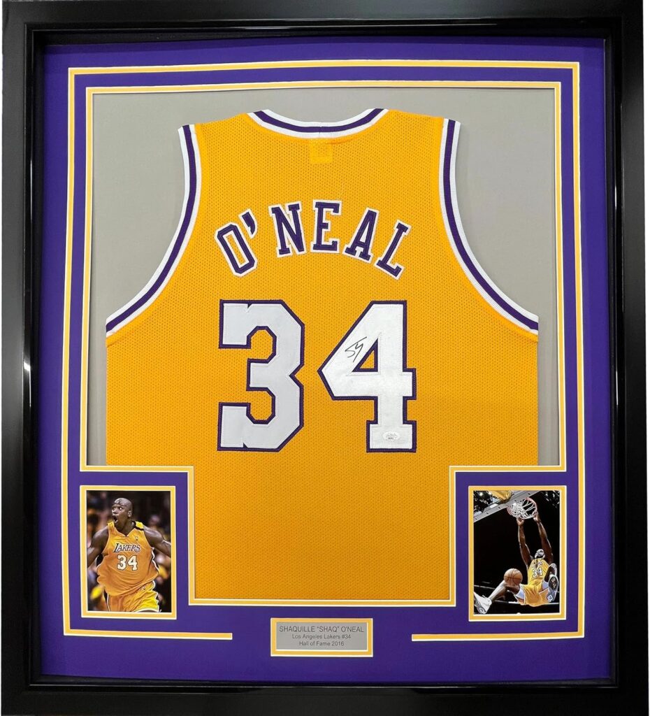 Framed Autographed/Signed Shaquille Shaq O’Neal 33×42 Los Angeles LA Yellow Basketball Jersey Beckett BAS COA
