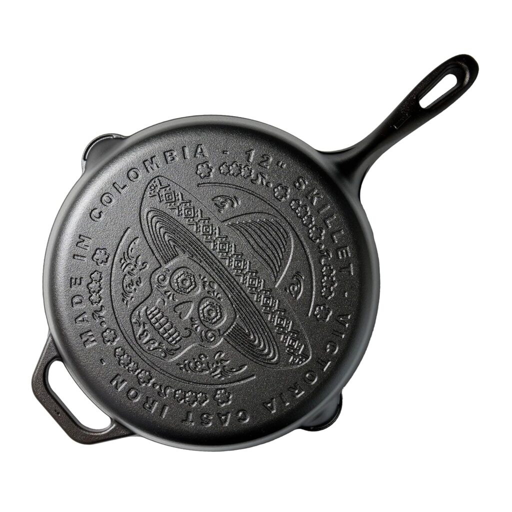 Victoria 12-Inch Day of the Dead La Calaca Cast Iron Skillet, Dia de los Muertos Seasoned Cast Iron Frying Pan with Long Handle, Made in Colombia
