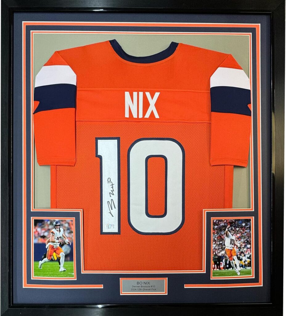 Framed Autographed/Signed Bo Nix 35×39 Denver Orange Football Jersey Beckett BAS COA