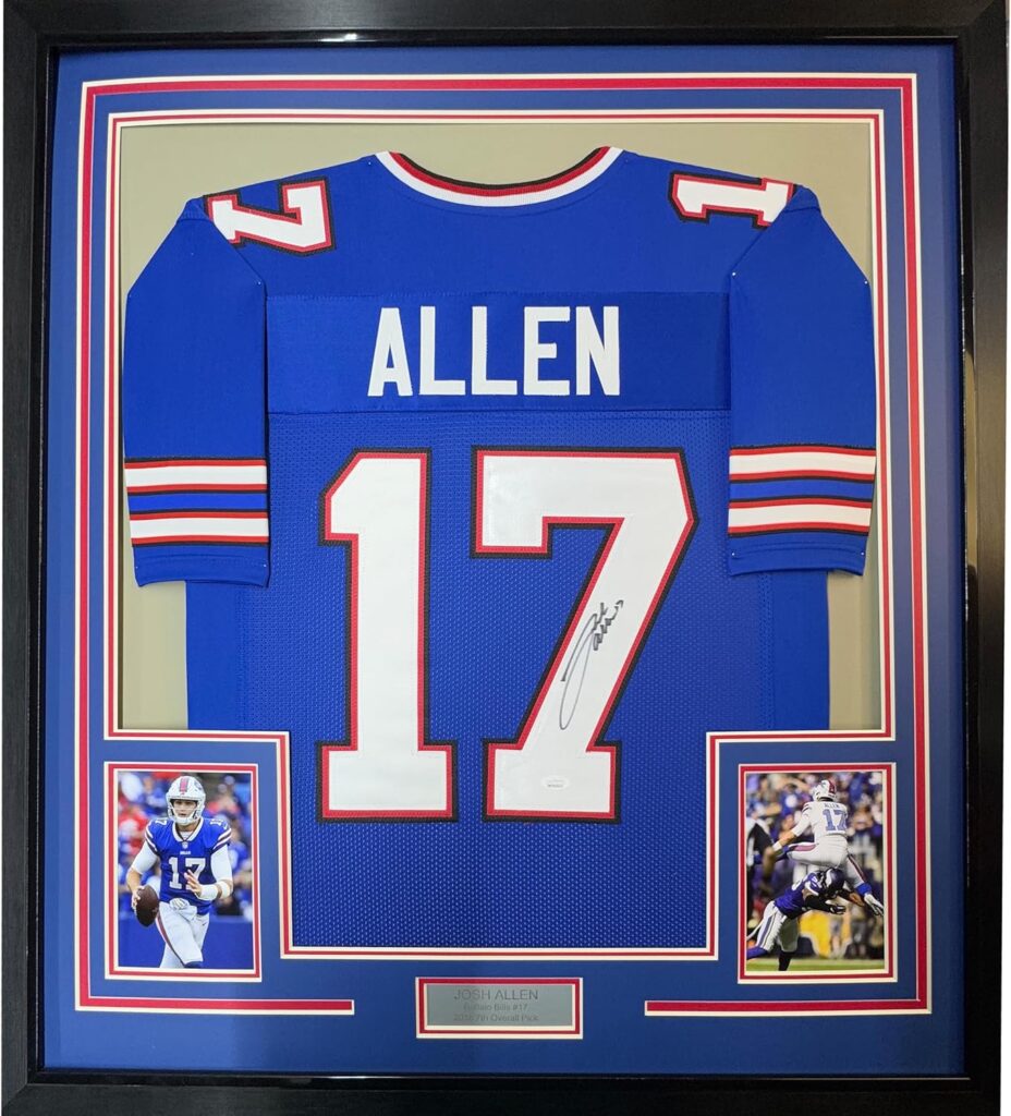 Framed Autographed/Signed Josh Allen 33×42 Buffalo Bills Blue Football Jersey JSA COA