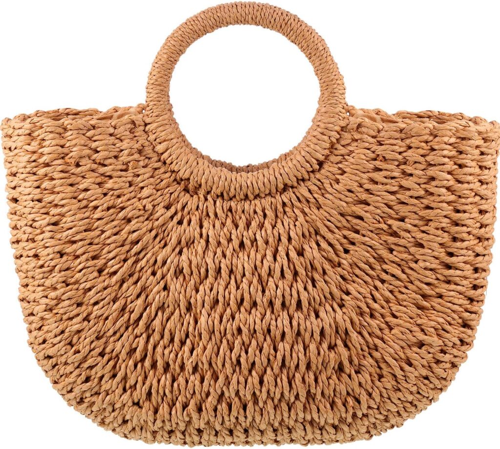 Frienda Straw Tote Bag Summer Beach Bag Handmade Straw Rattan Woven Handbag for Women Travel