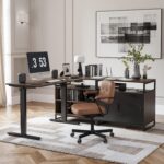 FEZIBO L Shaped Standing Desk with Drawers and Shelves, Executive Electric Standing Desk Adjustable Height, Sit Stand Table 66 inch Dark Walnut
