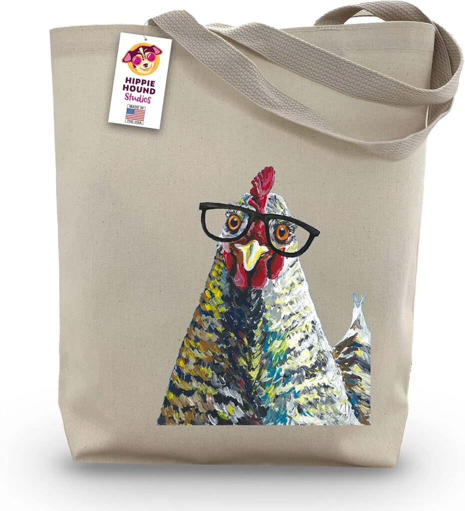 Chicken Tote Bag – Chicken Lover Gift – Chicken with Glasses Totes – Chicken Gifts for Mom – Handmade Totes – Chicken Canvas Totes – Cute Chicken Reusable Shopping Bag – Grocery Bag – Beach Bag