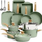Kitchen Academy 17Pcs Sage Green Pots and Pans Set Non Stick, Induction Kitchen Cookware Sets, Nonstick Granite Cooking Pans Set with PFOA&PFOS Free