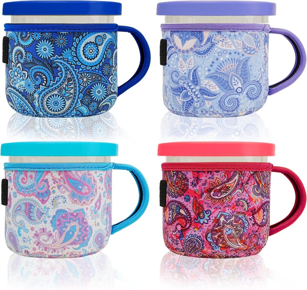 4 Pack Reusable Ice Cream Neoprene Sleeves with Handle,Neoprene Insulated Sleeves for Ninja Creami Pints,16oz Insulated Sleeves for NC301 NC300 NC299AMZ Series (16oz,Paisley)
