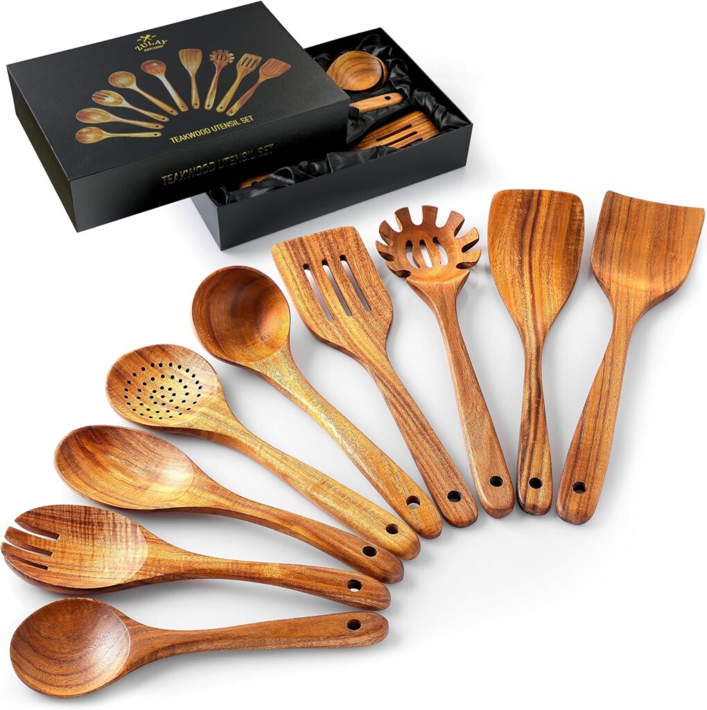Zulay Kitchen 9-Piece Teak Wooden Utensils for Cooking – Natural Teak Utensil Set with Premium Gift Box – Non-Stick Wooden Spoons for Cooking – Kitchen Gift Set – Comfortable Grip Wooden Utensil Set