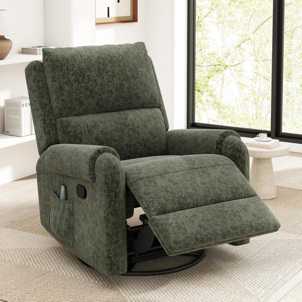 Christopher Knight Home Harper Massage Recliner Chair with 8 Modes, Chenille Upholstered Recliner Sofa, Swivel Massage Chair with a Side Storage Pocket for Living Room/Bedroom, Head Support, Green