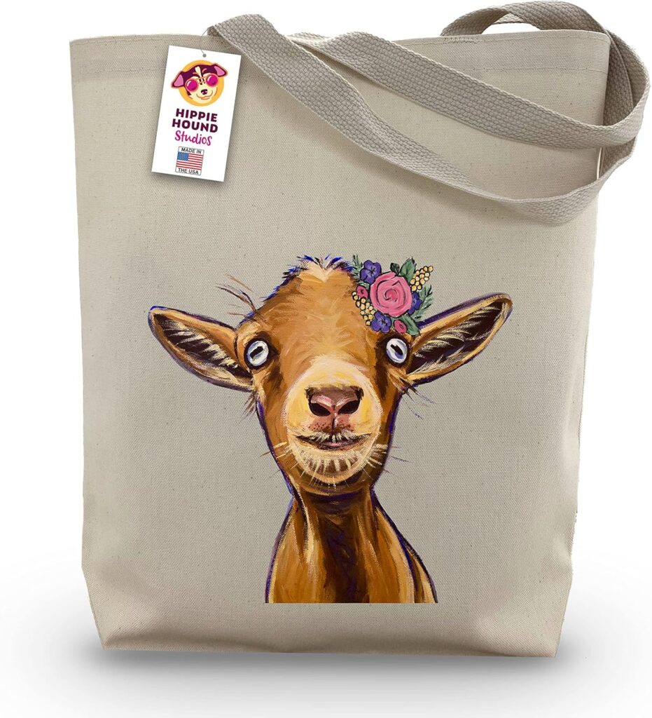 Goat Tote Bag – Goat Gifts for Goat Lovers – Flower Crown goat Totes -Handmade Totes – Goat Canvas Totes – Cute Goat Reusable Shopping Bag – Goat Gifts for Women – Grocery Bag – Handbag – Beach Bag