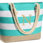 YOOLIFE Initial Canvas Waterproof Beach Tote Bag Zipper Personalized Gifts for Women Her Birthday Travel Beach Essential