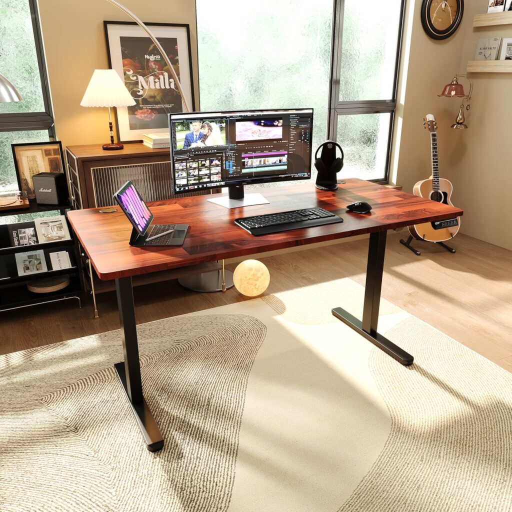 Monomi Height Adjustable Electric Standing Desk, 55 x 24 Inches Stand up Desk, Sit Stand Home Office Computer Desk(Black Frame+Cherry Top)