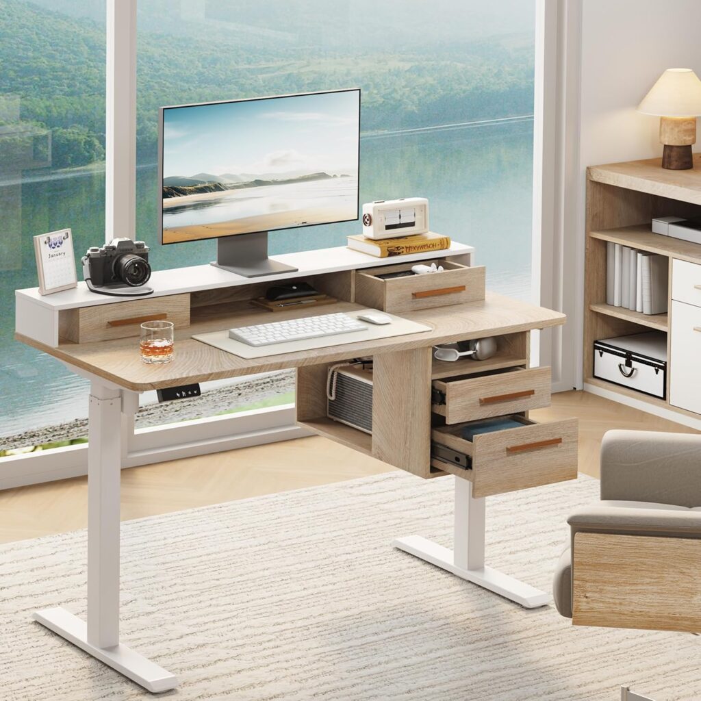 Standing Desk with 4 Drawers, 47.2 x 23.6 Inch Whole Piece Height Adjustable Electric Sit Stand Desk, Computer Home Office Workstation with Open Storage Shelf, Light Walnut