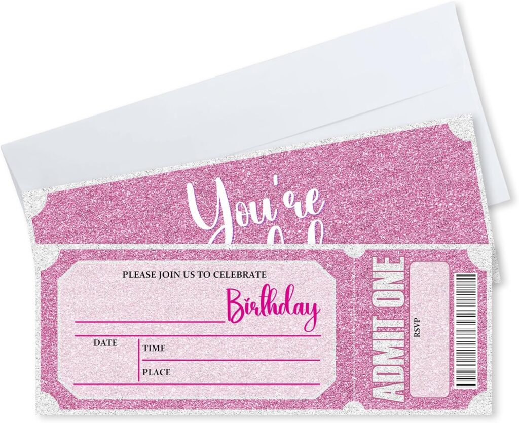 Birthday Invitations, 20 Pcs Double Sided Fill In Pink Style VIP Tickets Invites With Envelopes For Girls Teens Birthday, Party Favors And Supplies(3 X 8 In)- A03