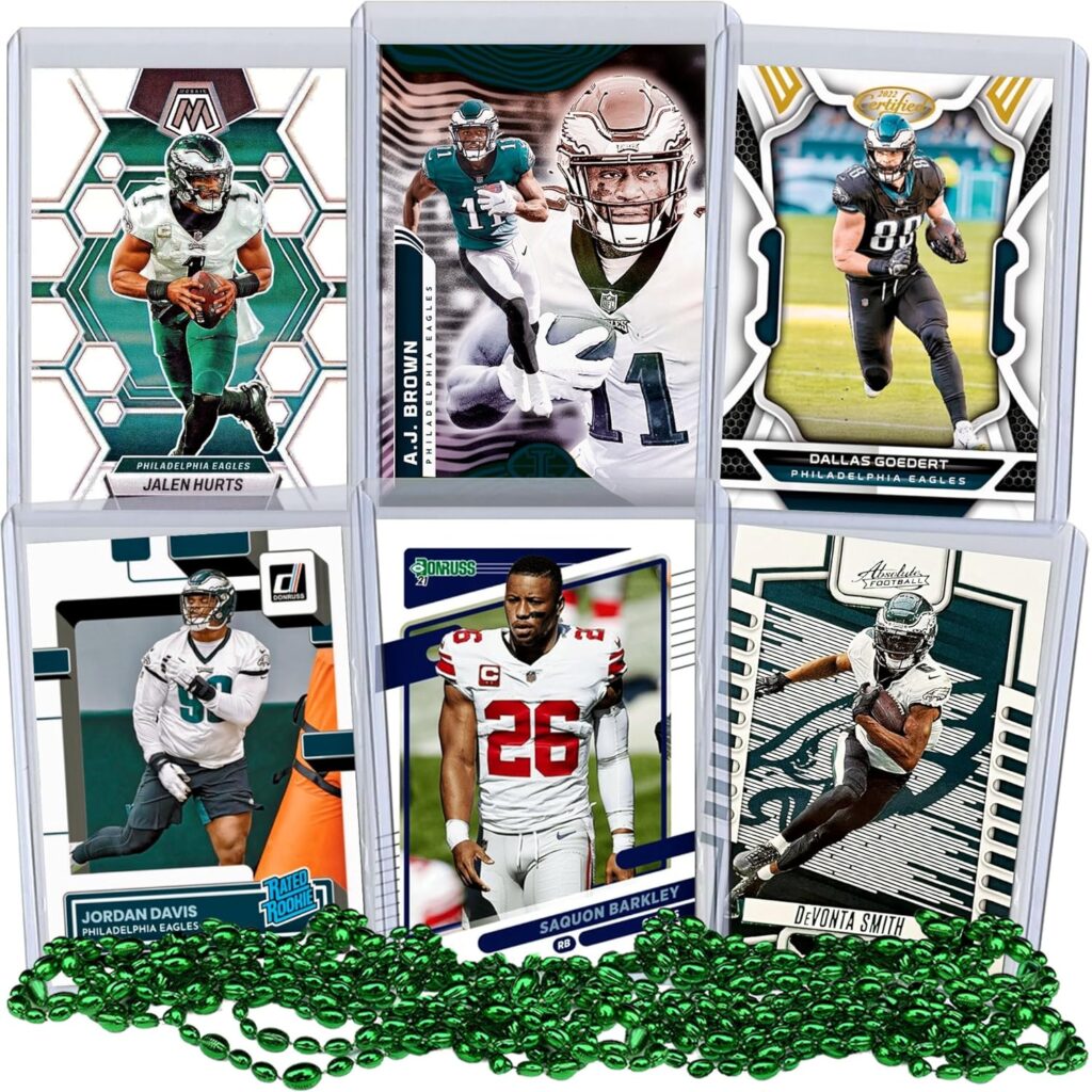 Philadelphia Eagles Super Bowl LIX Football Card Bundle, Set of 6 Assorted Jalen Hurts Saquon Barkley AJ Brown Devonta Smith Dallas Goedert Football Cards Protected by Sleeve and Toploader