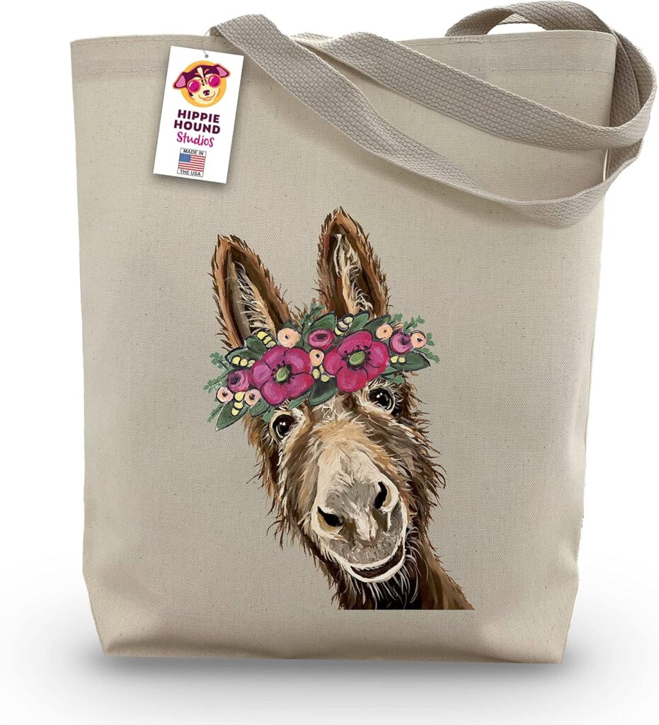 Donkey Tote Bag – Donkey Lover Gift – Flower Crown donkey Totes -Handmade Totes – Donkey Canvas Totes – Cute Donkey Reusable Shopping Bag – Donkey Christmas Gift – Grocery Bag – Beach Bag