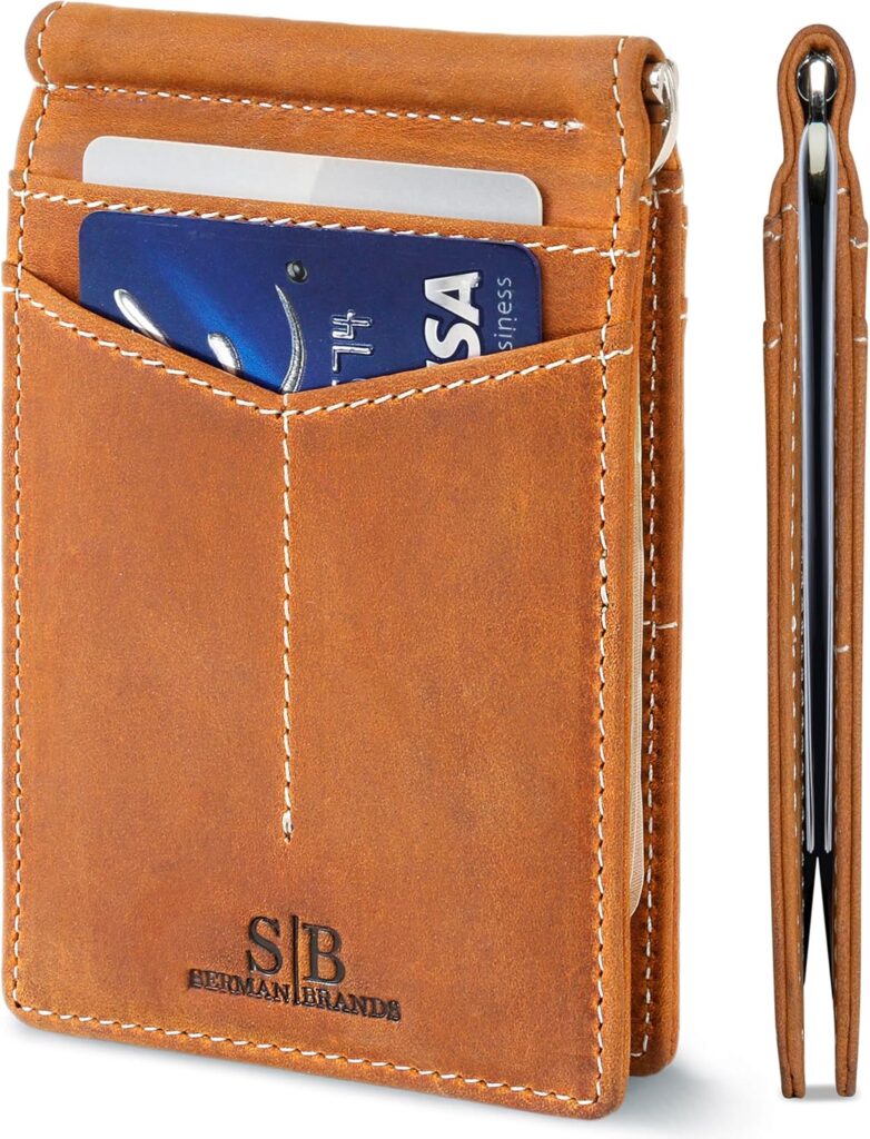 SERMAN BRANDS RFID Blocking Wallet Slim Bifold – Genuine Leather Minimalist Front Pocket Wallets for Men with Money Clip Gift (California Desert)