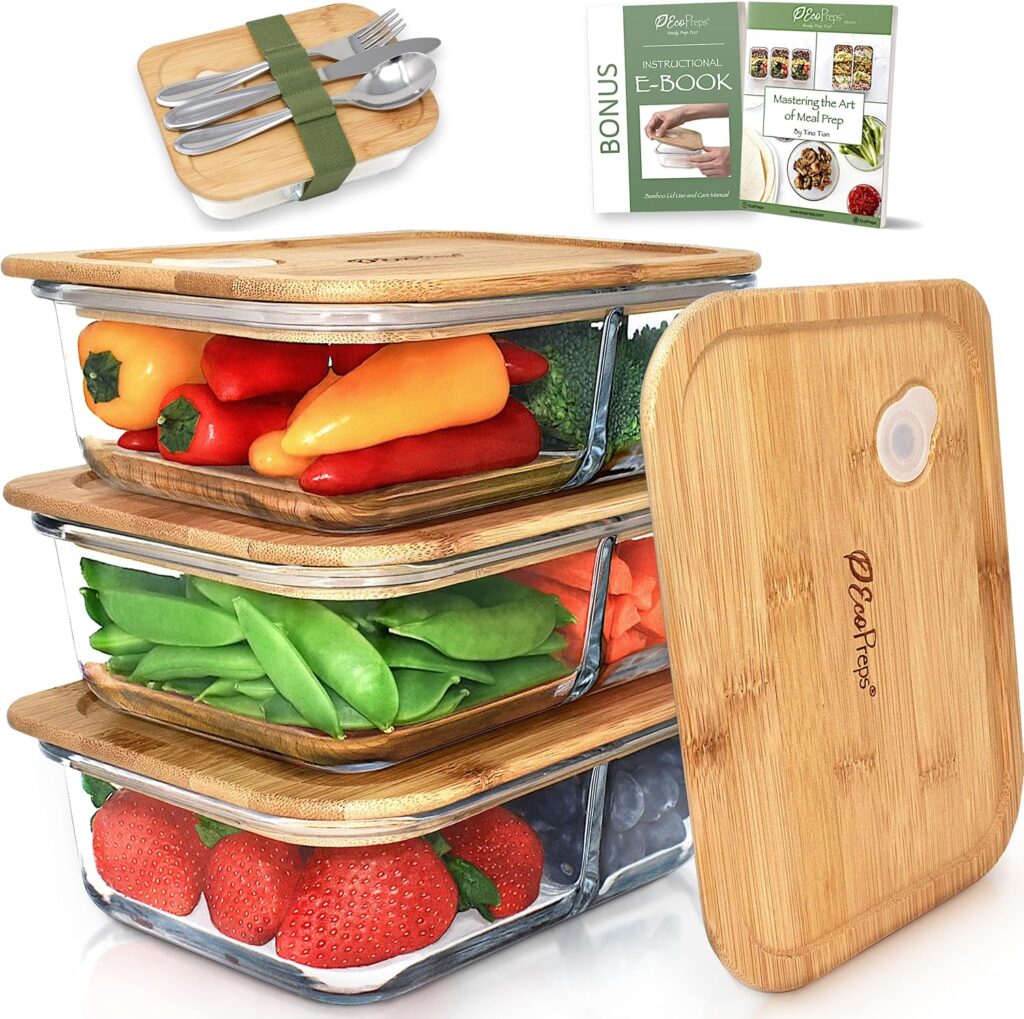 Glass Meal Prep Containers with Bamboo Lids, 2 Compartment Glass Bento Box Container Set (3 Pack) | 100% Plastic Free, Eco-Friendly, Lunch Containers with Lids Made of Bamboo – Set of 3