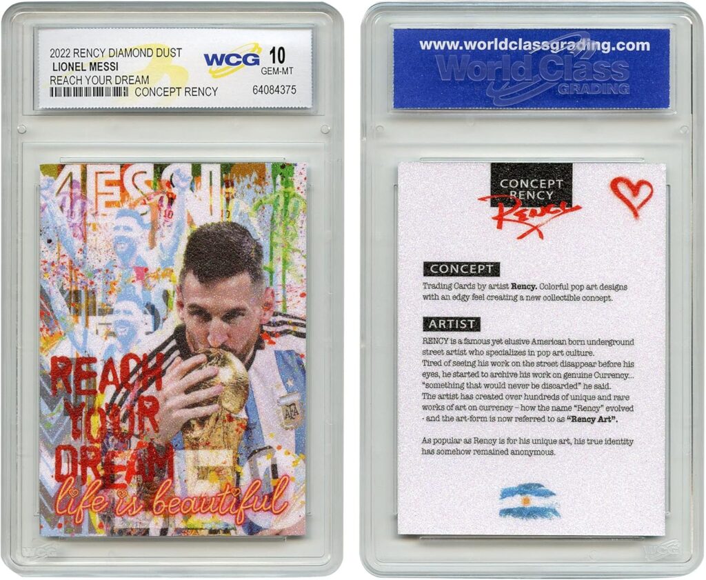 WCG 2022 Lionel Messi Argentina Soccer Champion Diamond Dust Encrusted Rency Trading Card – Graded Gem-Mint 10