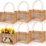 6 Pcs Burlap Tote Bags with Transparent PVC Window Reusable DIY Jute Bag Blank Large Tote with Handles for Wedding